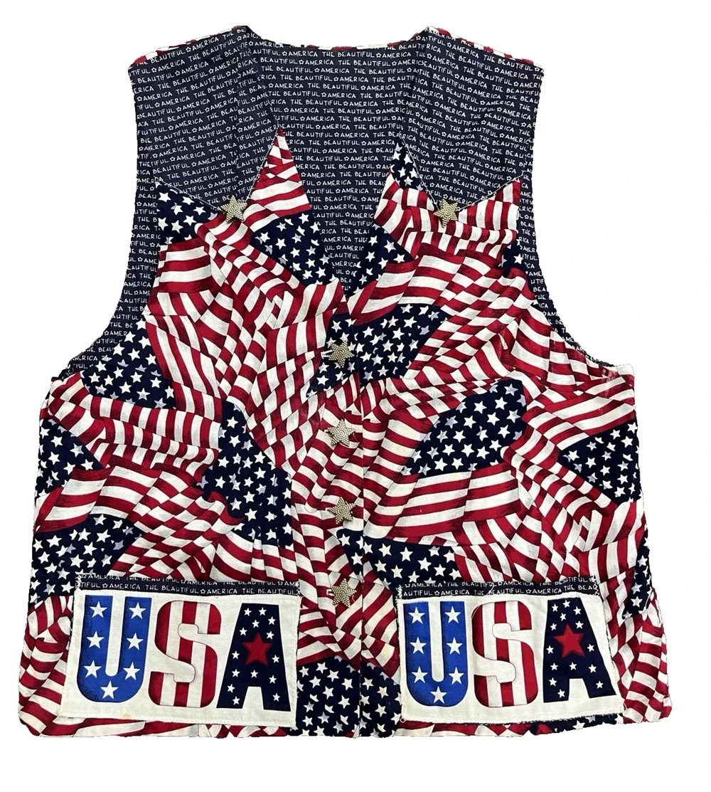 Patriotic 4th of July Vest Womens Large Pockets Flag USA America the Beautiful